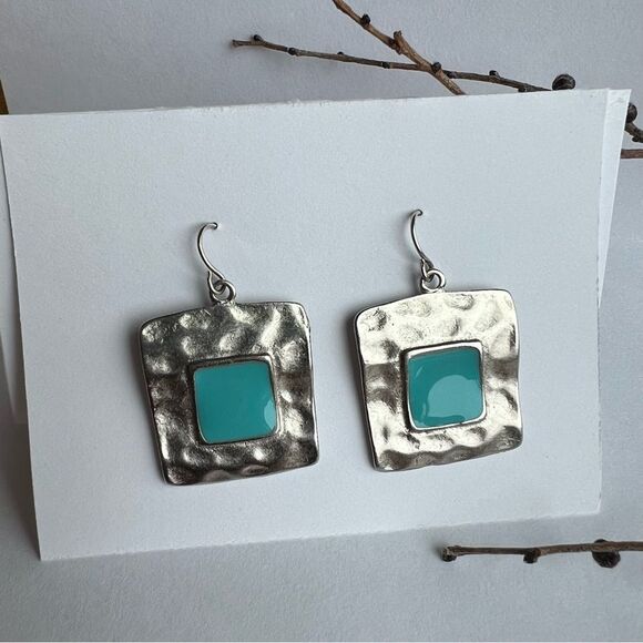 Silver Tone Pierced Earrings with Turquoise Colored Stone - Picture 6 of 10